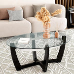 Load image into Gallery viewer, Oval Glass Coffee Table, 43.3" Solid Wood Tea Table with Tempered Glass Tabletop, Modern Glass Sofa Center Table Cocktail Table with Black Cross Base for Living Room Home Office,KFZ1331