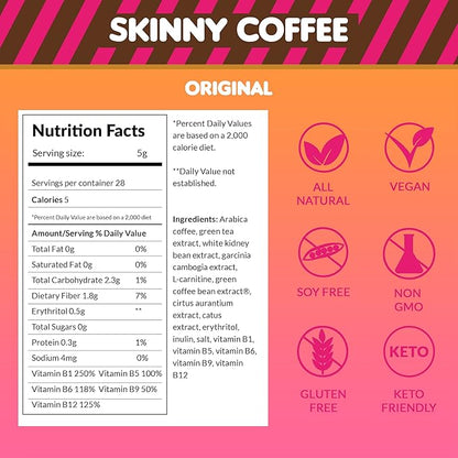 Skinny Boost Instant Skinny Coffee Sticks (Unflavored) - Made with Arabica Coffee Beans, Garcinia Cambogia, Green Tea Extract, B Vitamins, Fiber and Prebiotics –Sugar Free-Keto Friendly (28 Packets)