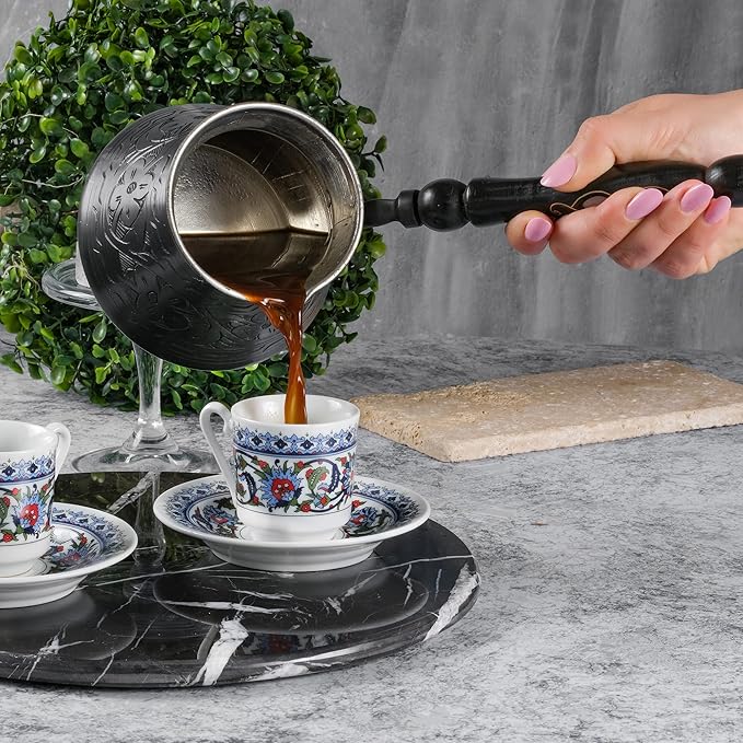 BCS 18 Oz X-Large Copper Turkish Greek Arabic Coffee Pot with Wooden Handle (6 servings) Cezve Briki Ibrik Stovetop Coffee Maker (Includes Wooden Spoon)