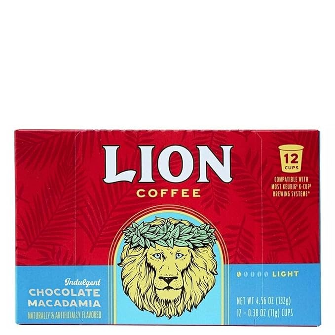 Lion Coffee Chocolate Macadamia Flavored Medium Roast Coffee Pods - Single-Serve Pods - Hawaiian Inspired Flavor - Arabica Coffee - Compatible with Single-Serve Brewing Systems - 12 Count Box