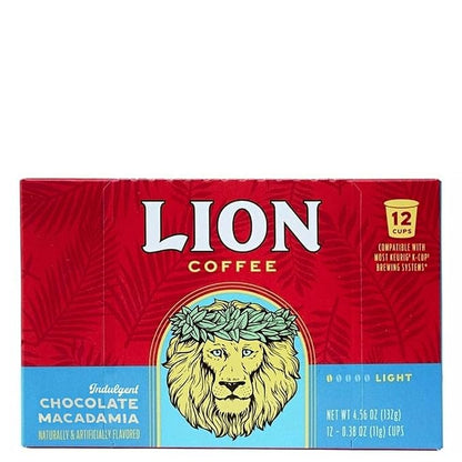 Lion Coffee Chocolate Macadamia Flavored Medium Roast Coffee Pods - Single-Serve Pods - Hawaiian Inspired Flavor - Arabica Coffee - Compatible with Single-Serve Brewing Systems - 12 Count Box