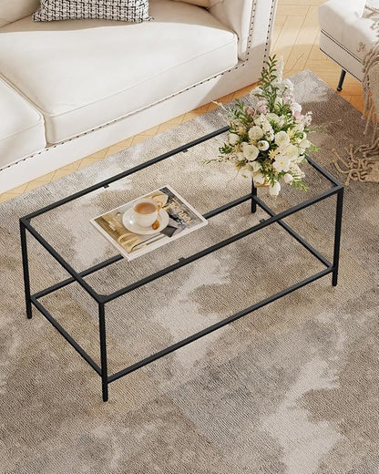 Glass Coffee Table, Modern Rectangular Coffee Table for Living Room, Minimalist Center Tea Table with Sturdy Metal Frame for Apartment, Office, Easy Assembly, 39.4 x 19.7 x 17.7 Inches, Black