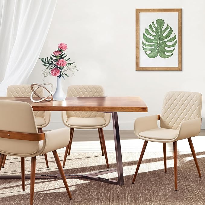 LUNLING Mid Century Modern Faux Leather Dining Room Chairs Set of 4 Upholstered Seat Metal Legs Chairs Cream White Faux Leather Kitchen Chair Reception Room Chair 4PCS