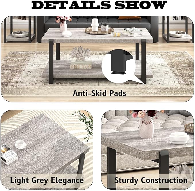 FOLUBAN Rustic Coffee Table, Modern Wood Center Table for Living Room, Industrial 2 Tier Rectangle Low Cocktail Tea Table with Storage Shelf, Light Grey