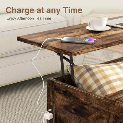 Coffee Table with Storage, 31.5" W Farmhouse Lift Top Wood Square Center Table with Charging Station, Rustic Cocktail Tables with Flip Top Lids for Living Room, Home Office, Rustic Brown