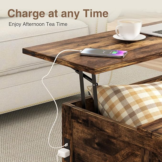 Coffee Table with Storage, 31.5" W Farmhouse Lift Top Wood Square Center Table with Charging Station, Rustic Cocktail Tables with Flip Top Lids for Living Room, Home Office, Rustic Brown