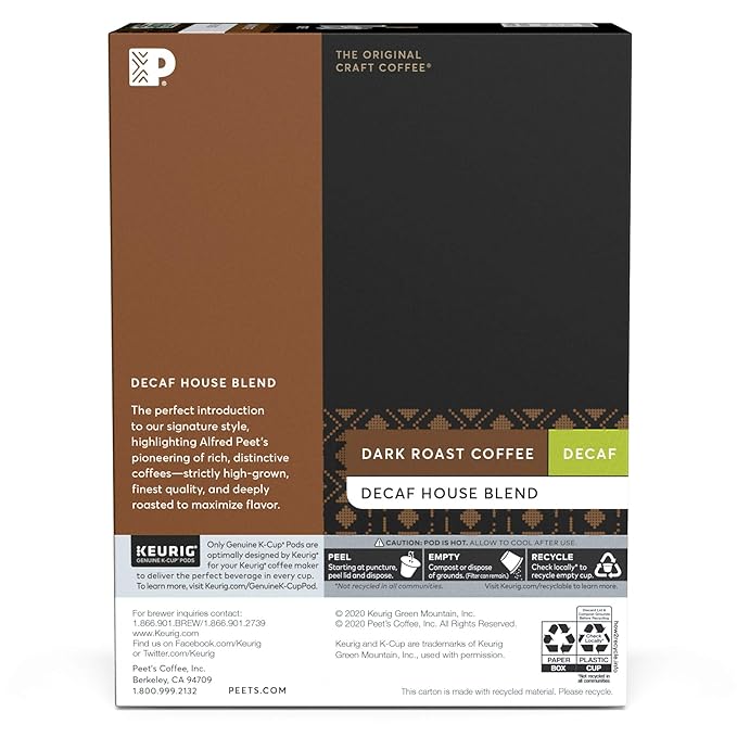Peet’s Coffee Decaf House Blend K-Cup Coffee Pods for Keurig Brewers, Dark Roast, 22 Pods (Pack of 1, 22 Count Total)