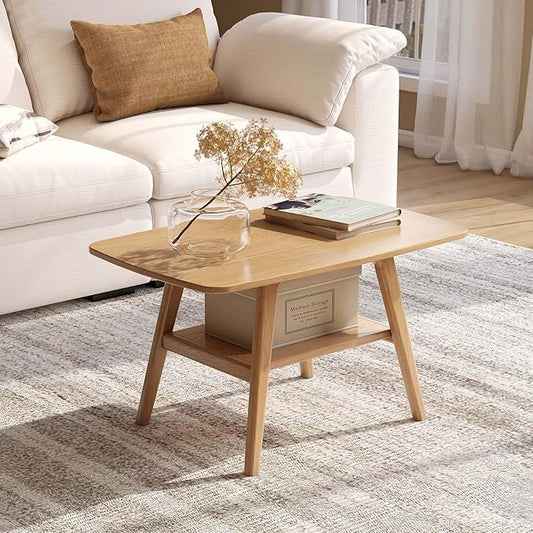 100% Solid Oak Wood Coffee Table for Living Room, Small Table with Shelf Storage, Mid Century Modern Coffee Tables with Rounded Corners for Home (Natural, 31.49“ x 22.05” x 17.32“)
