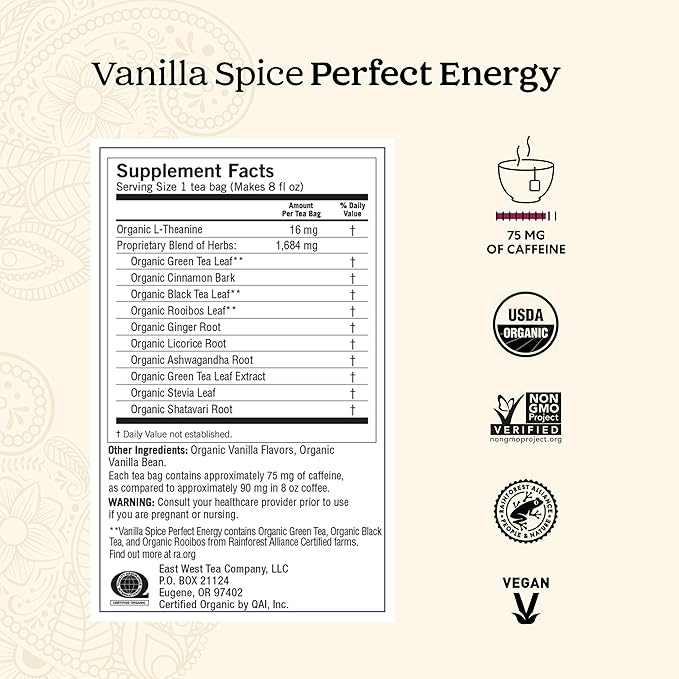 Yogi Tea Vanilla Spice Perfect Energy Tea - 16 Tea Bags per Pack (6 Packs) - Organic Vanilla Energy Tea - Focus Tea - Includes Green Tea, Black Tea, Ashwagandha, L-Theanine & More