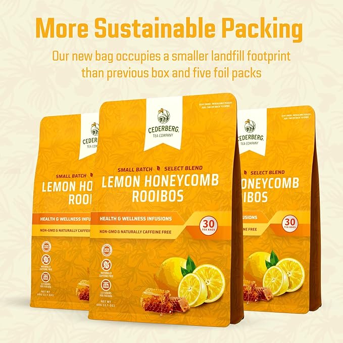 Cederberg Tea Company Lemon Honeycomb Rooibos Tea Bags - Made with Organic Red Rooibos Tea, South African Herbal Tea, Naturally Caffeine Free Tea, Small Batch - Select Blend Non-GMO, Premium Leaf, Antioxidant-Rich, 30 Count