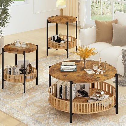 Lamerge 3 Pieces Coffee Table Set for Living Room, Boho Living Room Table Set with Rattan Storage Shelf and Metal Frame, Round Coffee Table & 2 End Side Tables for Apartment Home Office