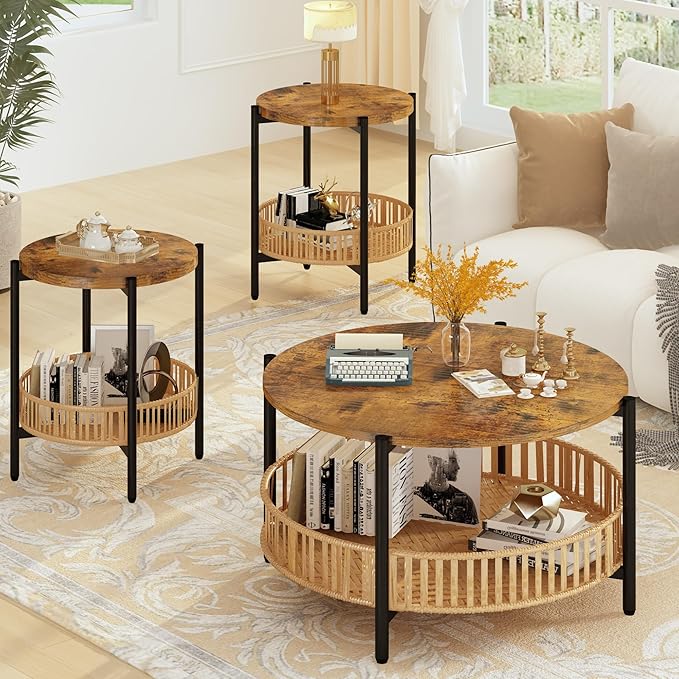 Lamerge 3 Pieces Coffee Table Set for Living Room, Boho Living Room Table Set with Rattan Storage Shelf and Metal Frame, Round Coffee Table & 2 End Side Tables for Apartment Home Office