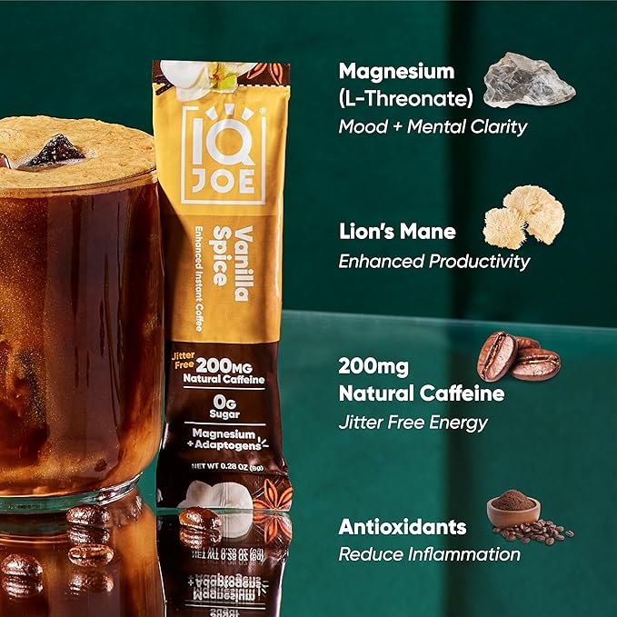 IQJOE Mushroom Coffee Packets (40 Servings) Lion’s Mane, Magtein Magnesium, Antioxidants, Adaptogens - Vanilla Spice - Instant Coffee for Focus, Clarity, Mood, Energy Boost - Sugar Free, Keto, Vegan