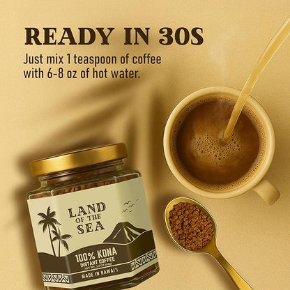 KONA COFFEE 100% - Freeze Dried Instant Coffee - Low Acid Coffee - Medium Roast Hawaiian Coffee - Crafted from Arabica Beans, 1.5oz (1 Pack)