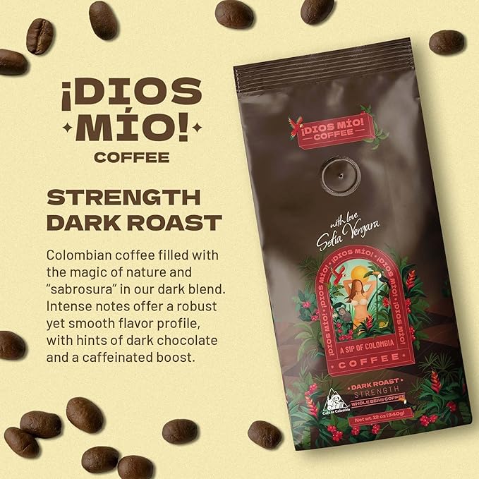Dios Mio Coffee by Sofia Vergara, Dark Roast, Whole Bean Premium Colombian Coffee, 12 Ounce Bag (Pack of 2)