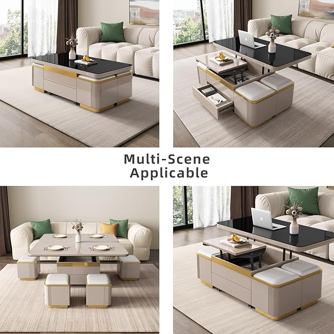 Modern Lift Top Coffee Table with 4 Storage Stools, Extendable Coffee Table with Wheels, 3-in-1 Multifunctional Center Table, Space Saving Folding Dining Table for Living Room, Easy Assembly
