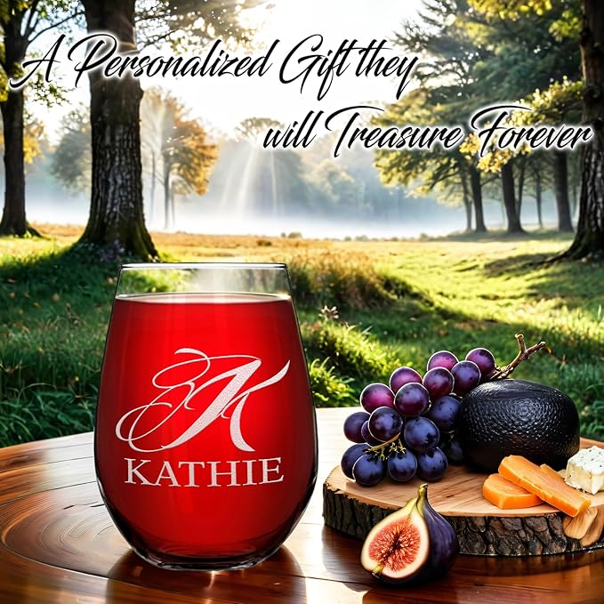 Personalized Wine Glass Script Monogram Initial and Name Engraved 17 oz Stemless Customized Red White Wine Glass Gift for Women