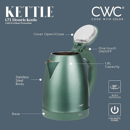 COOK WITH COLOR Electric Kettle - Rapid Boil, Sleek Design, and Safety Features - Great for Quick and Easy, Stainless Steel Sage, 1.7 Liters