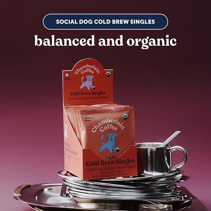 Chamberlain Coffee Social Dog Blend Cold Brew Singles - Full Bodied, Medium Roast Organic Coffee Single Serve Bags with Notes of Sweet Milk Chocolate, Roasted Peanuts, Velvety Brown Sugar & Graham