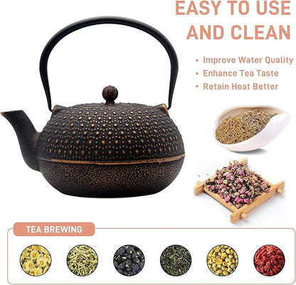 60.9oz Large Cast Iron Teapot for Stovetop Safe, 6 Cup Tea Kettle, Japanese Style Cast Iron Teapot with Stainless Steel Infuser for Loose Tea, Suitable for All Heat Sources(1.7QT/1.8L)
