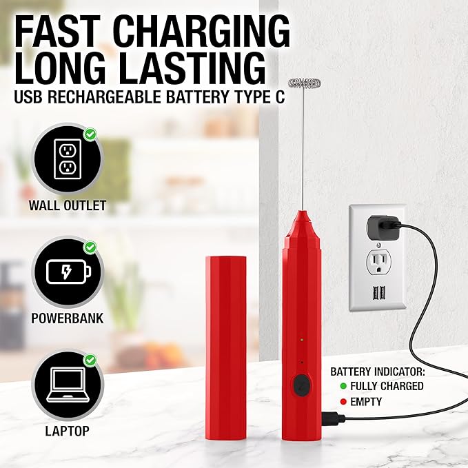 Zulay Froth N Go Milk Frother Rechargeable - 3-in-1 Frother Wand With Case & USB-C Charger - Comes With 3 Whisk Attachments for Latte, Cappuccino, Matcha, Protein Shakes - Red