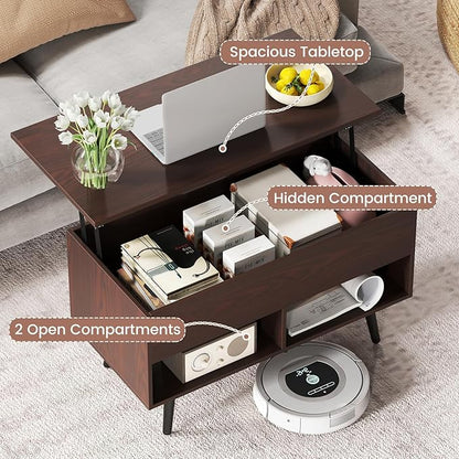 Tangkula Lift Top Coffee Table, Modern Cocktail Table with Hidden Compartment & 2 Open Shelves, Flip Top Center Table, Wooden Pull up Coffee Table for Living Room, Reception Room, Office (Brown)