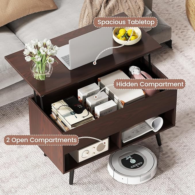 Tangkula Lift Top Coffee Table, Modern Cocktail Table with Hidden Compartment & 2 Open Shelves, Flip Top Center Table, Wooden Pull up Coffee Table for Living Room, Reception Room, Office (Brown)