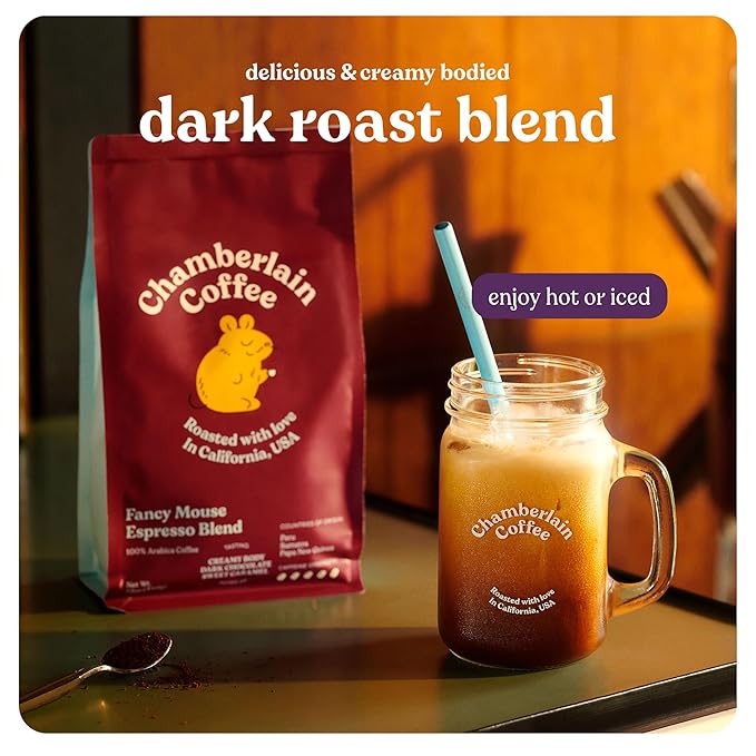 Chamberlain Coffee Fancy Mouse Espresso Blend - Extra Bold, Dark Roast Ground Coffee Beans with Notes of Sweet Caramel, Dark Chocolate & Toasted Peanuts - Specialty Ground Coffee - 10 oz