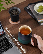 Load image into Gallery viewer, ZENS Embossed Ceramic Tea Mug with Infuser and Lid, 14.5 oz Wooden Handle, Loose Leaf Tea Steeper Mugs &amp; Strainer for Tea Lovers Gifts