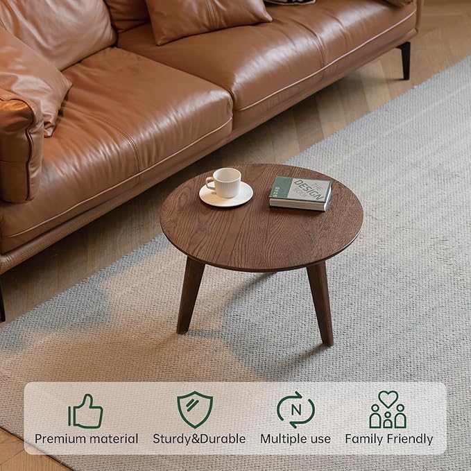 100% Solid Oak Wood Mini Coffee Table, Round Living Room Table Side Table w/Solid Wood Legs, Walnut Mid Century Sturdy Tables for Bedroom Balcony Living Room (23.62" D x 13.78" H)