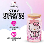 Load image into Gallery viewer, Silver Buffalo Sanrio Hello Kitty Waving Pink Glass Jar Tumbler with Bamboo Lid and Glass Straw, 16 Ounces