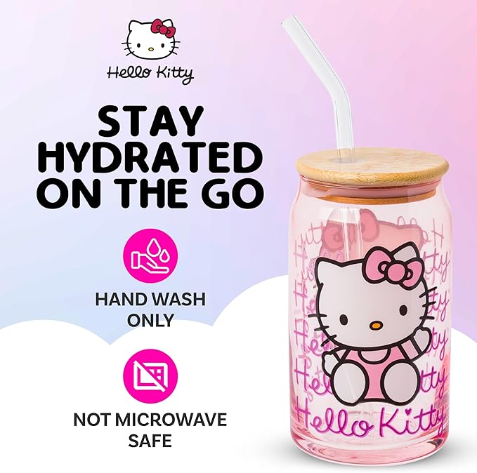 Silver Buffalo Sanrio Hello Kitty Waving Pink Glass Jar Tumbler with Bamboo Lid and Glass Straw, 16 Ounces