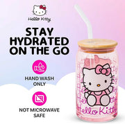 Silver Buffalo Sanrio Hello Kitty Waving Pink Glass Jar Tumbler with Bamboo Lid and Glass Straw, 16 Ounces