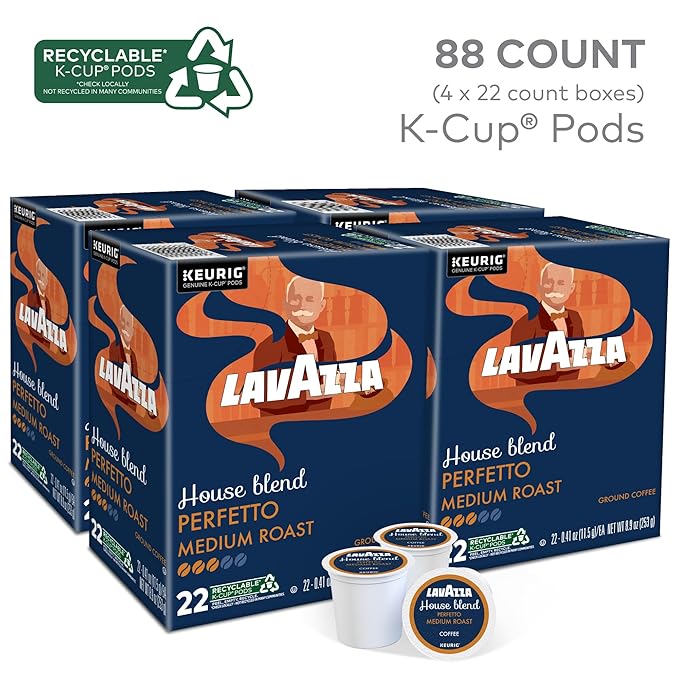 Lavazza House Blend Perfetto, Single-Serve Keurig K-Cup Pods, Medium Roast Coffee, 88-Count Box (4 Packs of 22)