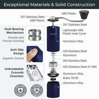 Manual Coffee Grinder by Alpaca Ventures - Stainless Steel Conical Burr Coffee Grinder Manual with Adjustable Setting Double Bearing Hand Espresso Grinder Perfect for Home, Office and Camping