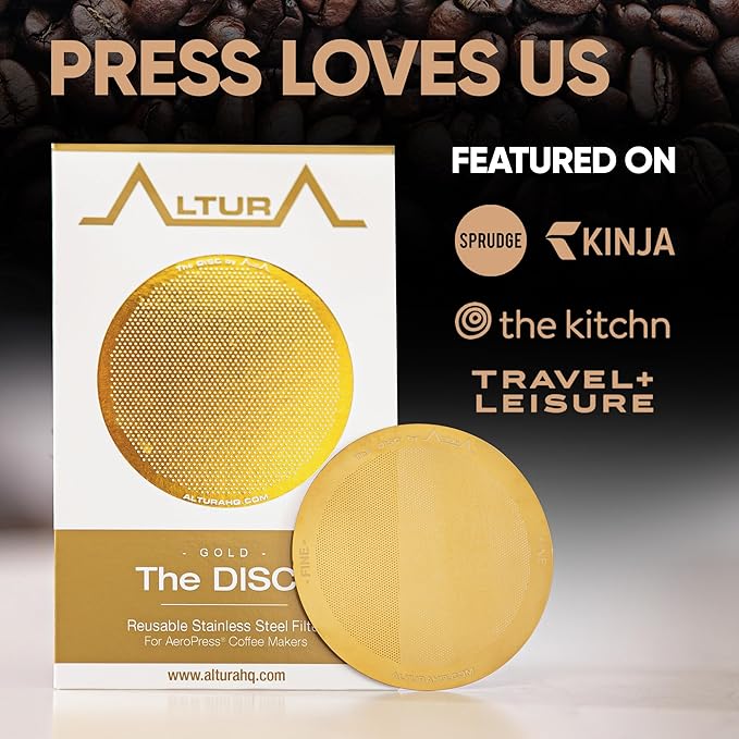 ALTURA The DISC Stainless Steel Filter for AeroPress Coffee Makers – Reusable Metal Filter Replacement for Rich Flavor, Travel, and Eco-Friendly Brewing (Limited Edition GOLD)