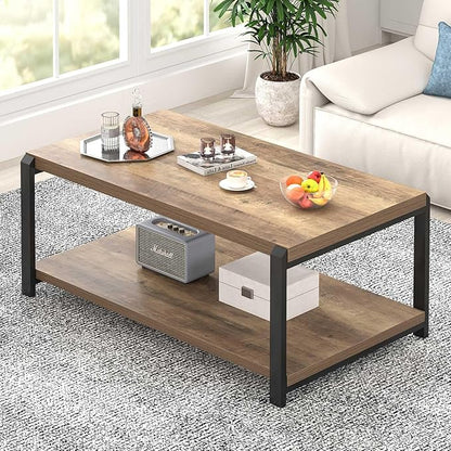 EXCEFUR Modern Coffee Table, Rustic Wood and Metal Center Table for Living Room, Industrial Rectangle Cocktail Tea Table with Storage, Oak
