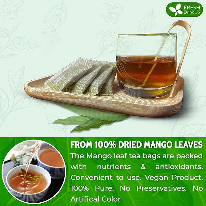 FreshDrinkUS, Premium 60 Mango Leaf Tea Bags, 100% Natural & Pure from Mango Leaves. Loose Leaf Herbal Tea. No Sugar, No Caffeine, No Gluten, Vegan.