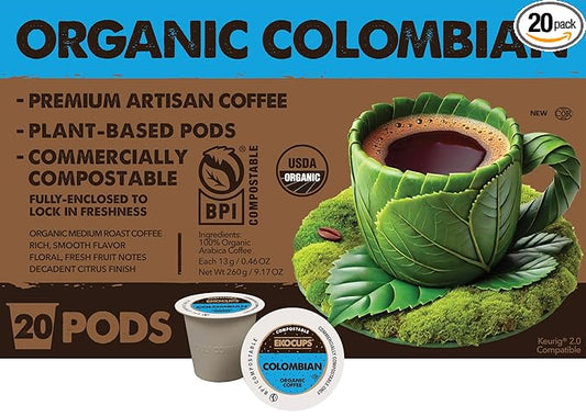 Ekocups Colombian Coffee Pods - Organic, Compostable, Plant-Based & Freshness-Sealed - French Press-Quality Brew - Keurig Compatible - Medium Roast, 20ct