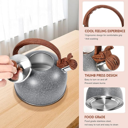 GGC 2.7QT/3L Whistling Tea Kettles for Stove Top, Stainless Steel Tea Kettle with for Boiling Water Milik or Coffee, Starry Gray Tea Pots with Wooden Anti Heat Handle
