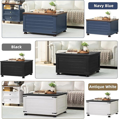 Farmhouse Coffee Table with Hidden Storage, 59 Gallon Square Center Table for Living Room, Rustic Wood Cocktail Tables with Flip-Top Lids, Farm House Tables with Wooden Gourd Feet, Navy Blue