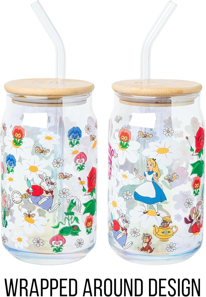 Silver Buffalo Disney Alice in Wonderland Featuring Cheshire Cat, White Rabbit, and Mad Hatter in Wild Flowers Glass Jar Tumbler with Bamboo Lid and Glass Straw, 16 Ounces