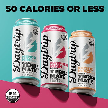 Daytrip Organic Yerba Mate Energy Drink- Clean, Plant Based Caffeine (200mg) with Adaptogenic Mushrooms and Green Tea for Focus and Brain Fog - Low Calorie, Low Sugar (12 Pack Case)