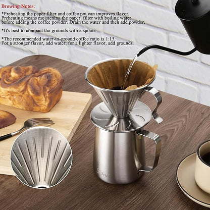Pour Over Coffee Maker, 304 Stainless Steel wIth 100 pcs Size 02 Cone Paper Filters & 600ml Milk Frothing Pitcher, for Home & Camping