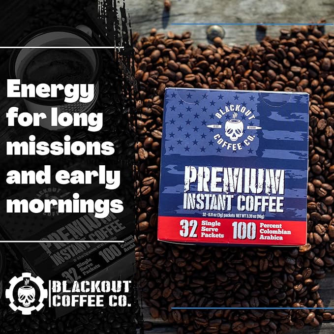 Blackout Coffee Colombian Arabica Instant Coffee – Medium Roast, Strong Aromatic, Single Serve Packets – Premium Quality 32 Count, American Made