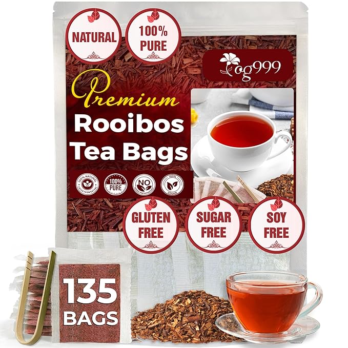 TOG999, 135 Premium Red Rooibos Tea Bags, 100% Natural & Pure from Rooibos Tea Leaves. Loose Leaf Rooibos Herbal Tea. Made with Natural Material Tea Bags. No Sugar, No Caffeine, No Gluten, Vegan.