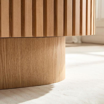 43.7 Inch Oval Drum Coffee Table, Modern Handcraft Fluted Drum Coffee Table, Wooden Oval Cocktail Tea Table Center Table with Sturdy Pedestal for Living Room Apartment (Natural)