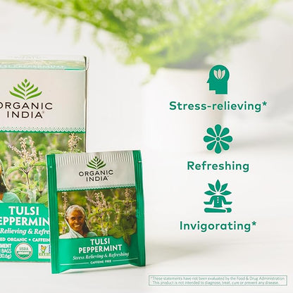 ORGANIC INDIA Tulsi Peppermint Tea - Caffeine Free Herbal Mint Tea - Stress Relieving Holy Basil, Immune & Digestion Support, Vegan, USDA Certified Organic, Fairtrade - 18 Infusion Bags, 3 Pack