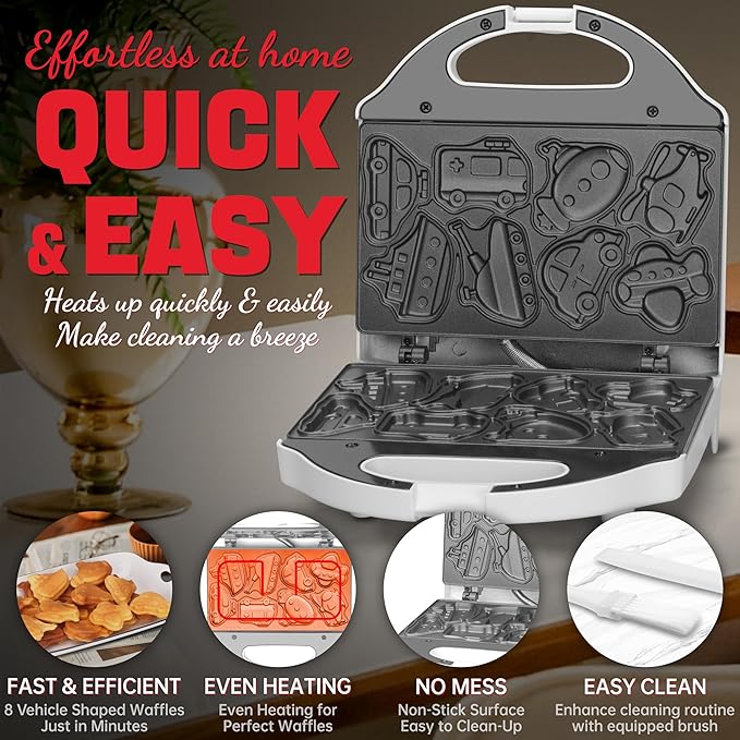 Car Waffle Maker for Kids, Halloween & Christmas Mini Waffle Maker, 8 Fun Vehicle Shaped Mini Pancake Maker, Non Stick Surface, Excellent Gift, White
