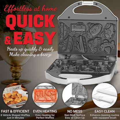 Car Waffle Maker for Kids, Halloween & Christmas Mini Waffle Maker, 8 Fun Vehicle Shaped Mini Pancake Maker, Non Stick Surface, Excellent Gift, White